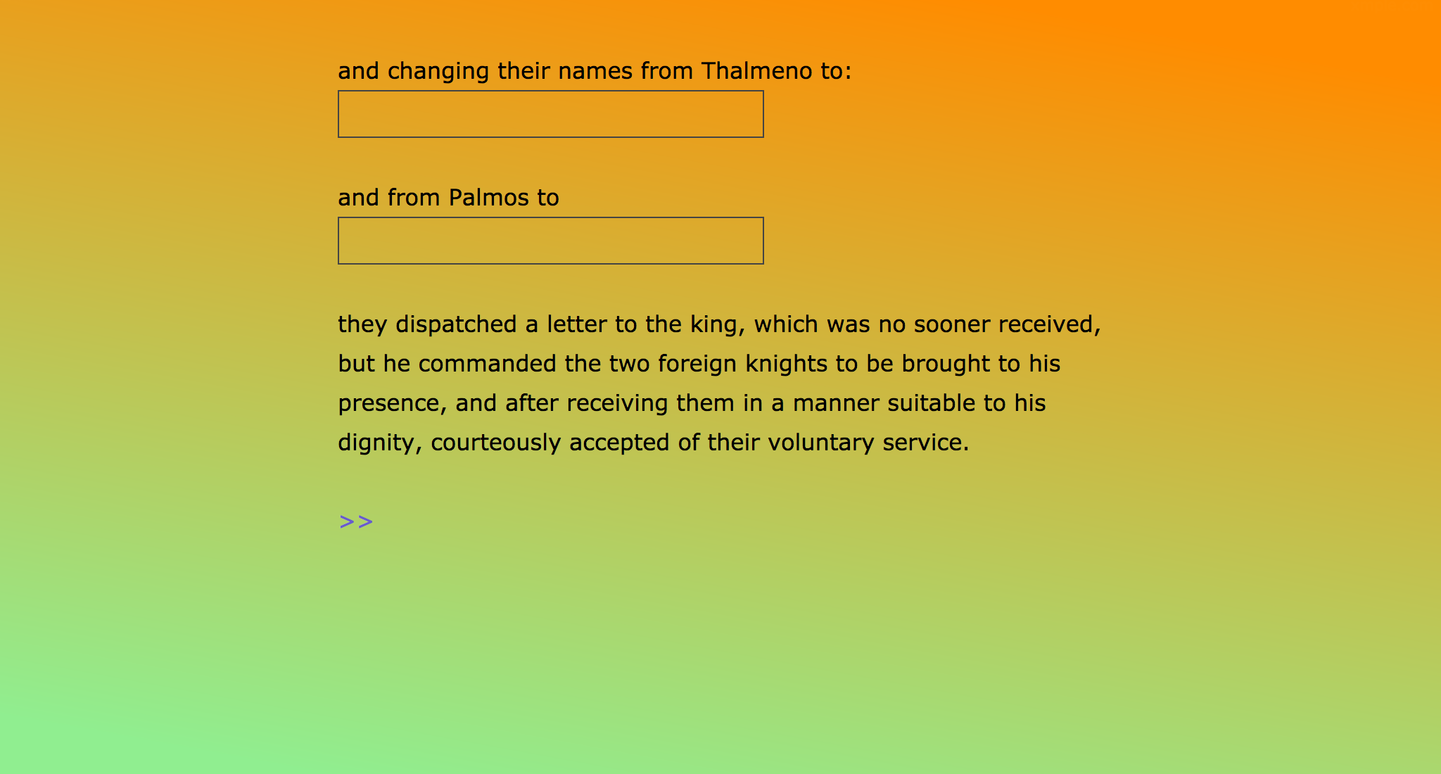 In this portion of the second Twine remediation, the reader creates an alias for both Royal Adventurers.